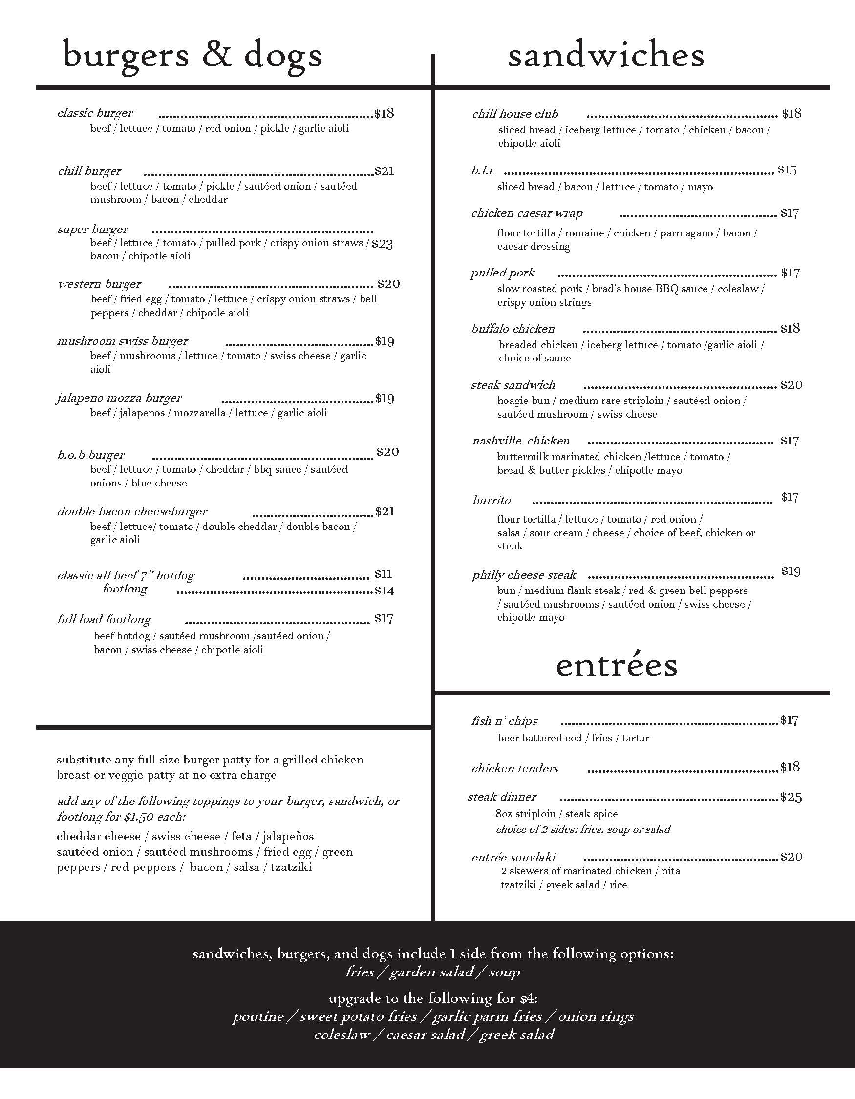 Chill Bar and Grill Waterloo menu